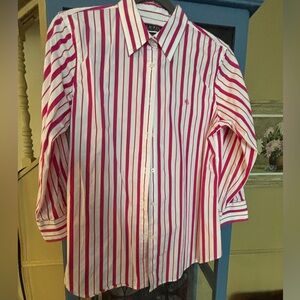 Lauren Ralph Lauren Fuchsia and White Striped Button-Down Blouse